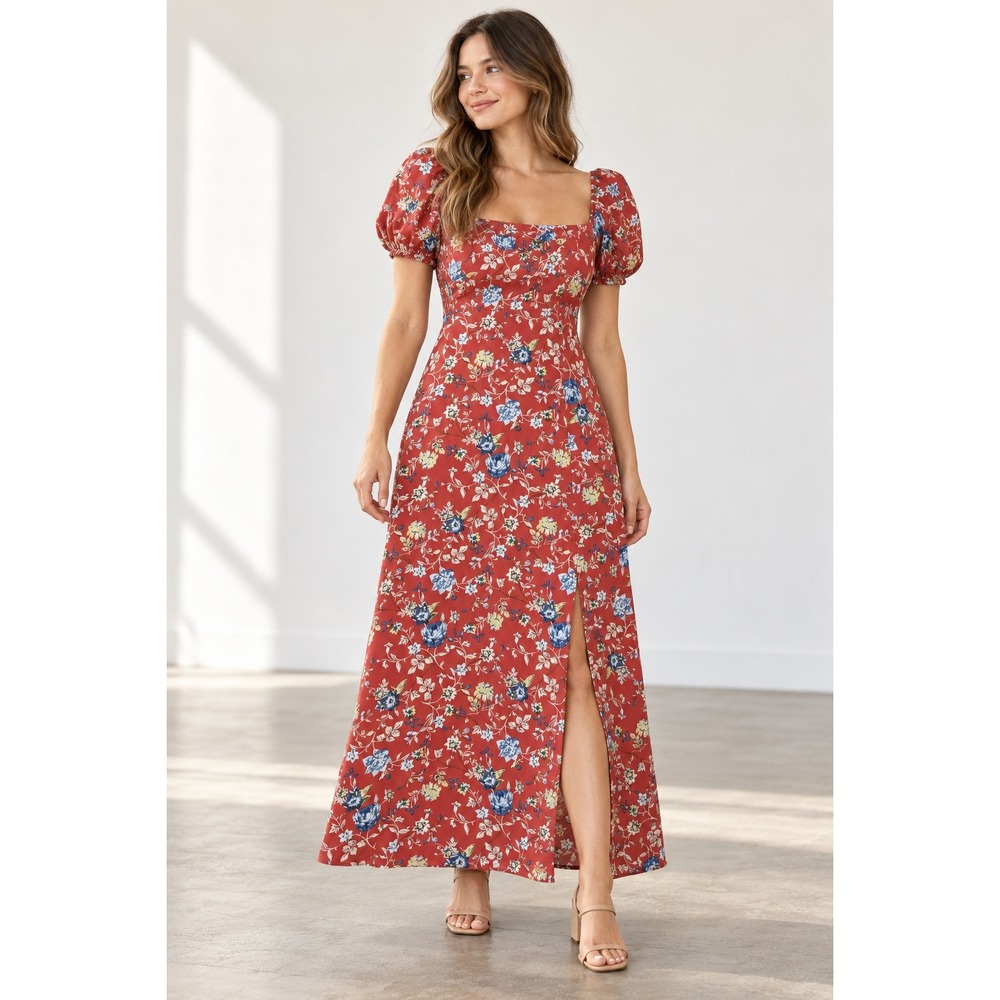 Emory Park Red Floral Puff Sleeve Maxi Dress Square Neck Front Slit Size M